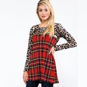 Red Plaid Leopard Long Sleeve Top with Lace Back